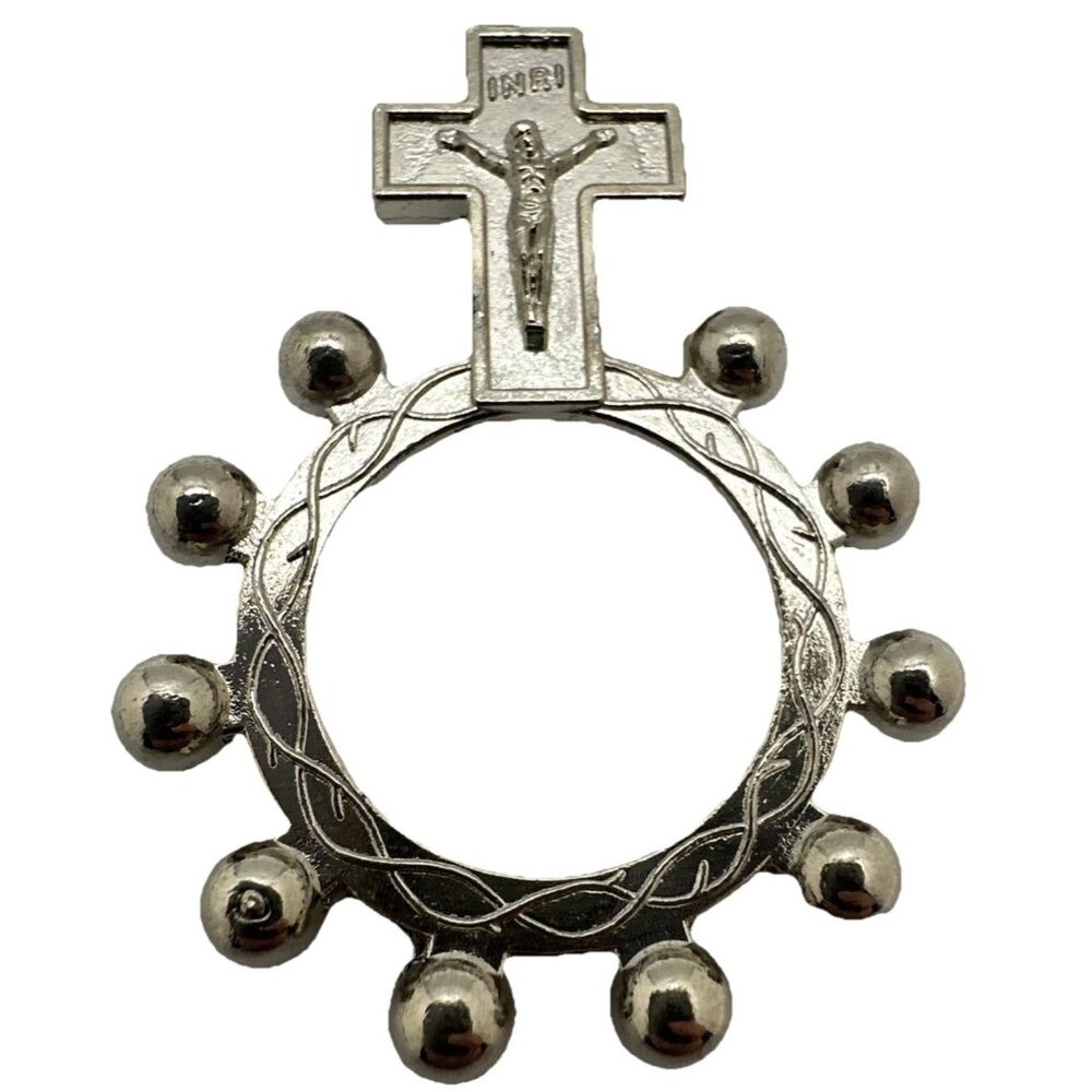 Vintage Rosary Finger Ring Pocket Prayer Marked Italy INRI Crucifix Silver Tone